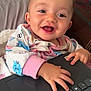baby, child, smiling, pajamas, keyboard, laptop, hands, indoor, cushions, happy, cute, face, person, technology, playing, closeup, infant, cozy, home, expression