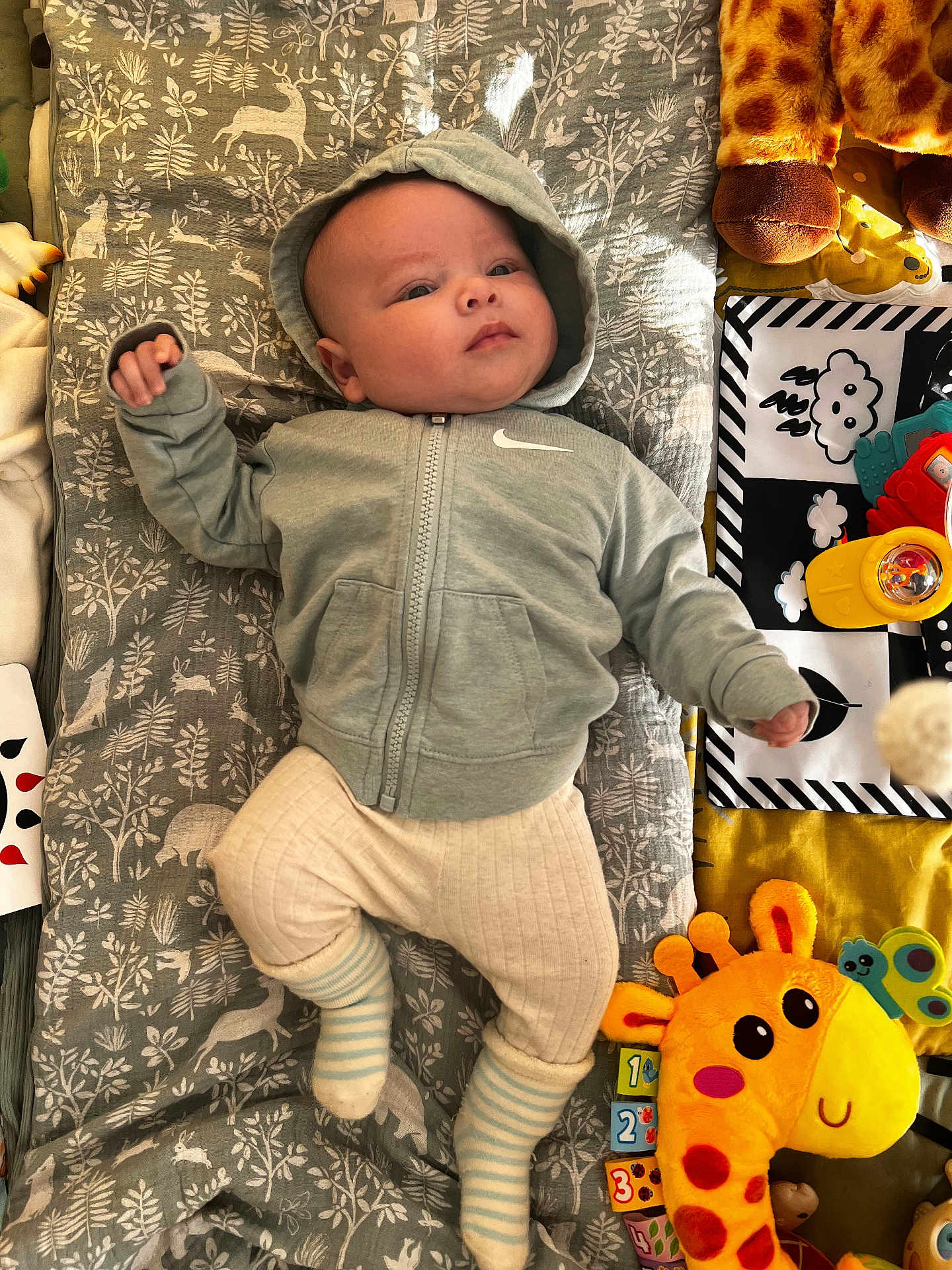 Keyan participe au concours pour gagner de l'argent avec cette photo : baby, infant, hoodie, striped_socks, plush_toy, giraffe_toy, play_mat, patterned_blanket, indoor, laying_down, child, cute, soft_lighting, colorful, toy_blocks, baby_clothing, young_child, portrait, comfortable, playtime