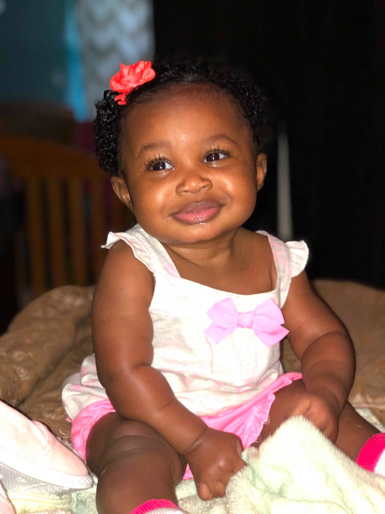 Ashariee joined the competition — help win amazing prizes! baby, black_hair, cheek, child, joy, lip, person, pink, sitting, skin, smile, toddler