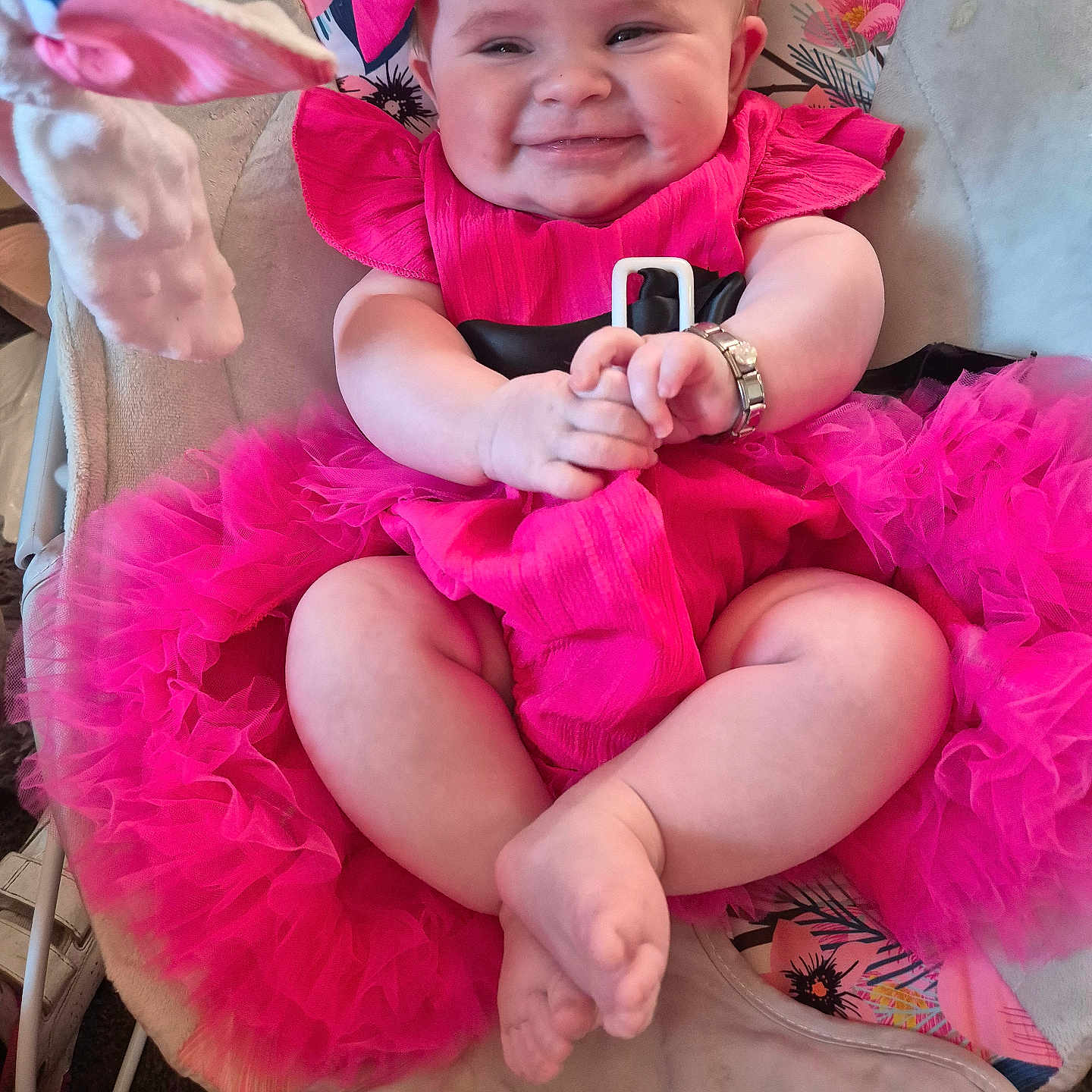 Aria-Rai is registered to the contest to win money with this photo: accessory, baby, baby_seat, child, clothing, crossed_legs, cushion, cute, fashion, feet, hands, happy, headband, indoor, infant, person, pink_dress, portrait, seat, smile