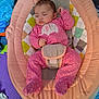 Elie is registered to the contest to win money with this photo: baby, sleeping, onesie, pink_clothing, elephant_design, baby_rocker, colorful_padding, play_mat, soft_toys, infant, child, indoors, resting, cute, cozy, footed_pajamas, baby_gear, face, person, peaceful