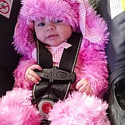 Elie joined the competition — help win amazing prizes! baby, child, pink, costume, fluffy, car_seat, seatbelt, buckle, cute, portrait, indoor, infant, clothing, child_seat, safety, person, face, hands, plush, hood