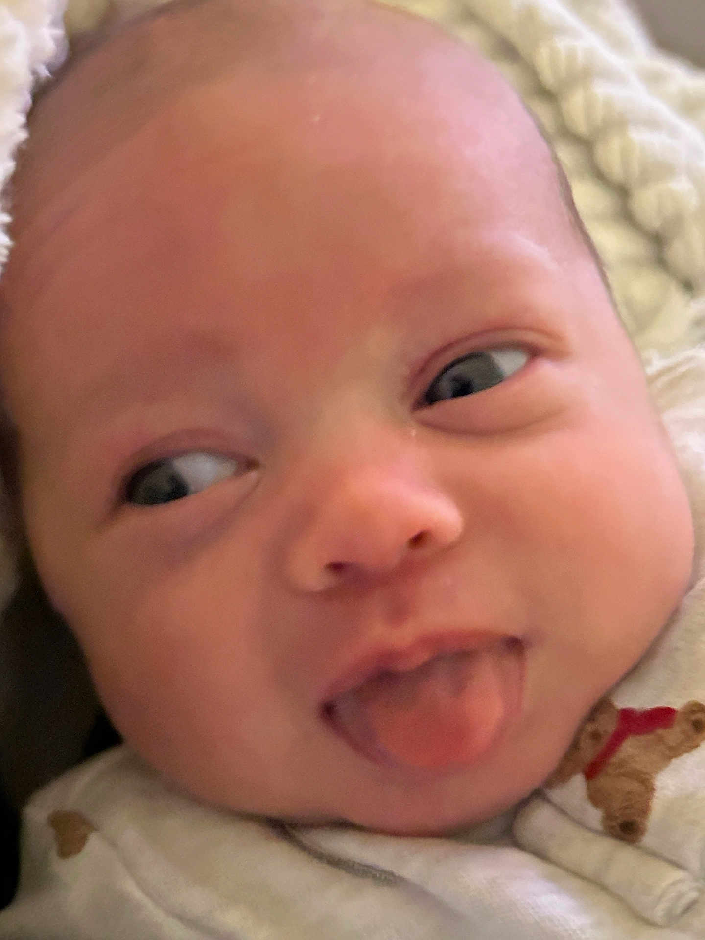 Nolan is registered to the contest to win money with this photo: baby, close_up, tongue_out, face, infant, cute, expression, clothing, teddy_bear, soft_lighting, skin, head, eyes, mouth, newborn, person, portrait, warm, indoors, cozy