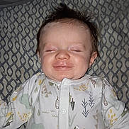 Scooter joined the competition — help win amazing prizes! baby, bed, blanket, child, closed_eyes, cute, face, hair, happy, head, indoors, infant, onesie, patterned_clothing, peaceful, portrait, resting, sleeping, sleepwear, smiling