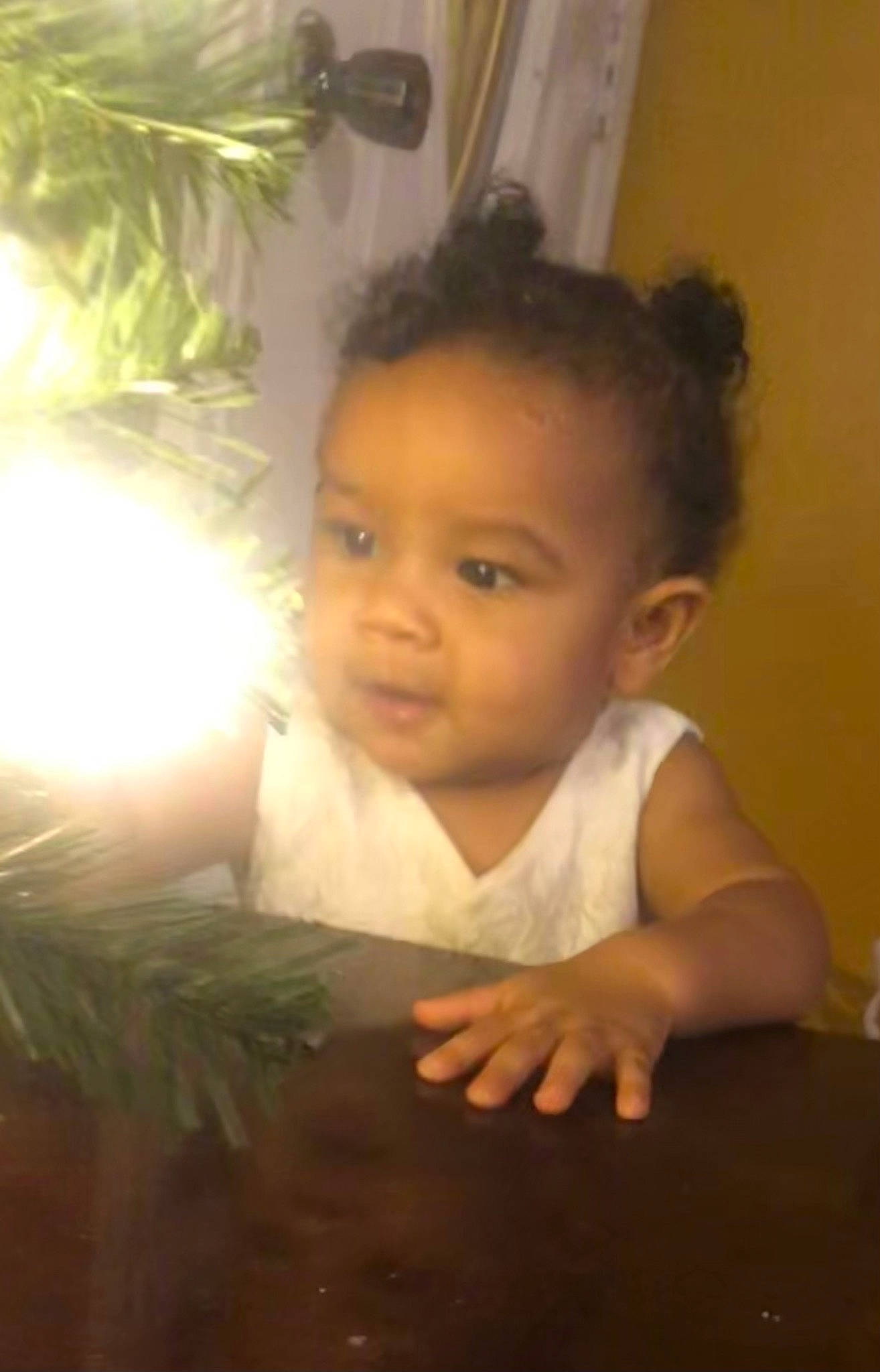 Lovie is registered to the contest to win money with this photo: baby, baby_toddler_clothing, cheek, child, christmas_ornament, conifer, evergreen, flowerpot, fun, happy, holiday, houseplant, lighting_accessory, person, plant, room, sitting, tints_and_shades, toddler, tree