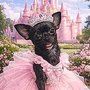 Ruby a rejoint le concours — aidez-le/la à gagner de superbes lots ! dog, chihuahua, dress, pink, tiara, castle, flowers, garden, cute, pet, animal, outdoor, portrait, costume, princess, sparkle, royalty, nature, sky, fun