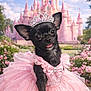 dog, chihuahua, dress, pink, tiara, castle, flowers, garden, cute, pet, animal, outdoor, portrait, costume, princess, sparkle, royalty, nature, sky, fun
