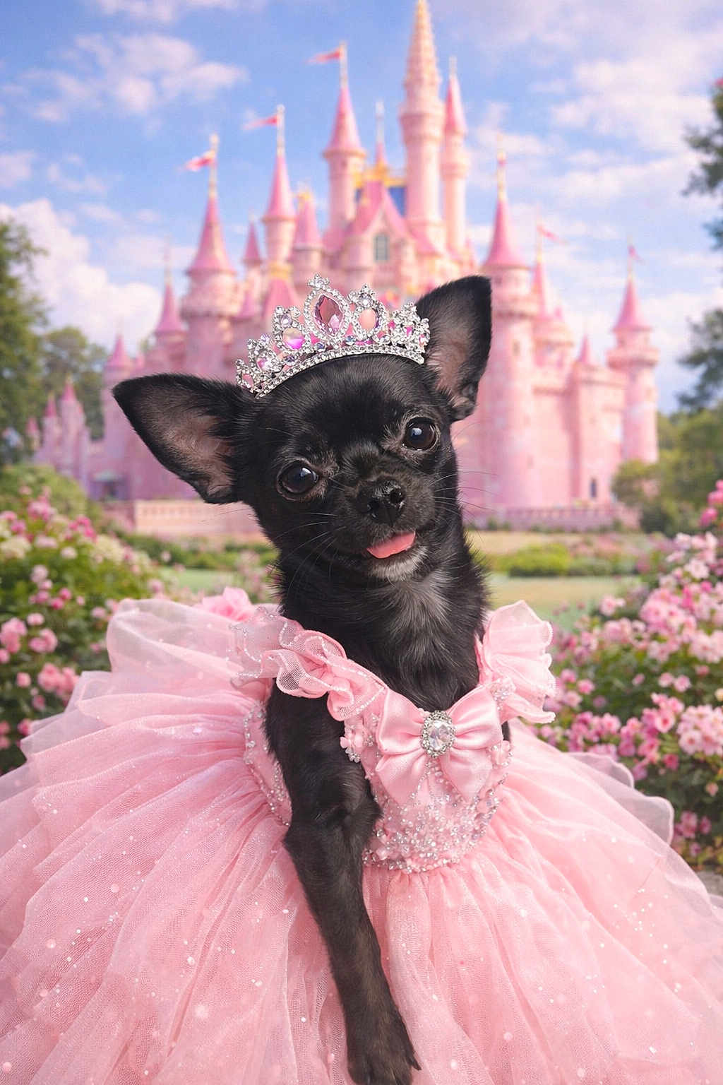Ruby a rejoint le concours — aidez-le/la à gagner de superbes lots ! dog, chihuahua, dress, pink, tiara, castle, flowers, garden, cute, pet, animal, outdoor, portrait, costume, princess, sparkle, royalty, nature, sky, fun