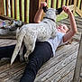 Ellie joined the competition — help win amazing prizes! black_spots, casual_clothing, child, daytime, dog, fun, grass, happy, interaction, outdoor, pet, playing, railings, relaxed, shoes, summer, white_dog, wood_floor, wooden_porch, young_child