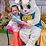 background, bench, celebration, child, colorful, costume, easter_bunny, event, festive, flowers, fun, girl, happy, holiday, hug, outdoor, person, plush, smile, spring