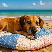 Bailey is registered to the contest to win money with this photo: dog, beach, ocean, sea, sand, sky, clouds, shoreline, brown_dog, lying_down, portrait, animal, pet, floppy_ears, dark_nose, brown_fur, cushion, patchwork, outdoor, vacation