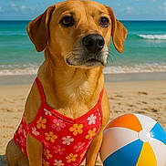 Bailey joined the competition — help win amazing prizes! animal, beach, beach_ball, canine, clouds, dog, holiday, nature, ocean, outdoor, pet, playful, portrait, sand, sky, summer, sunny, swimsuit, vacation, water