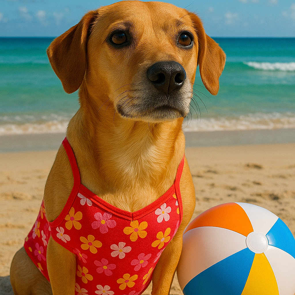 Bailey joined the competition — help win amazing prizes! animal, beach, beach_ball, canine, clouds, dog, holiday, nature, ocean, outdoor, pet, playful, portrait, sand, sky, summer, sunny, swimsuit, vacation, water