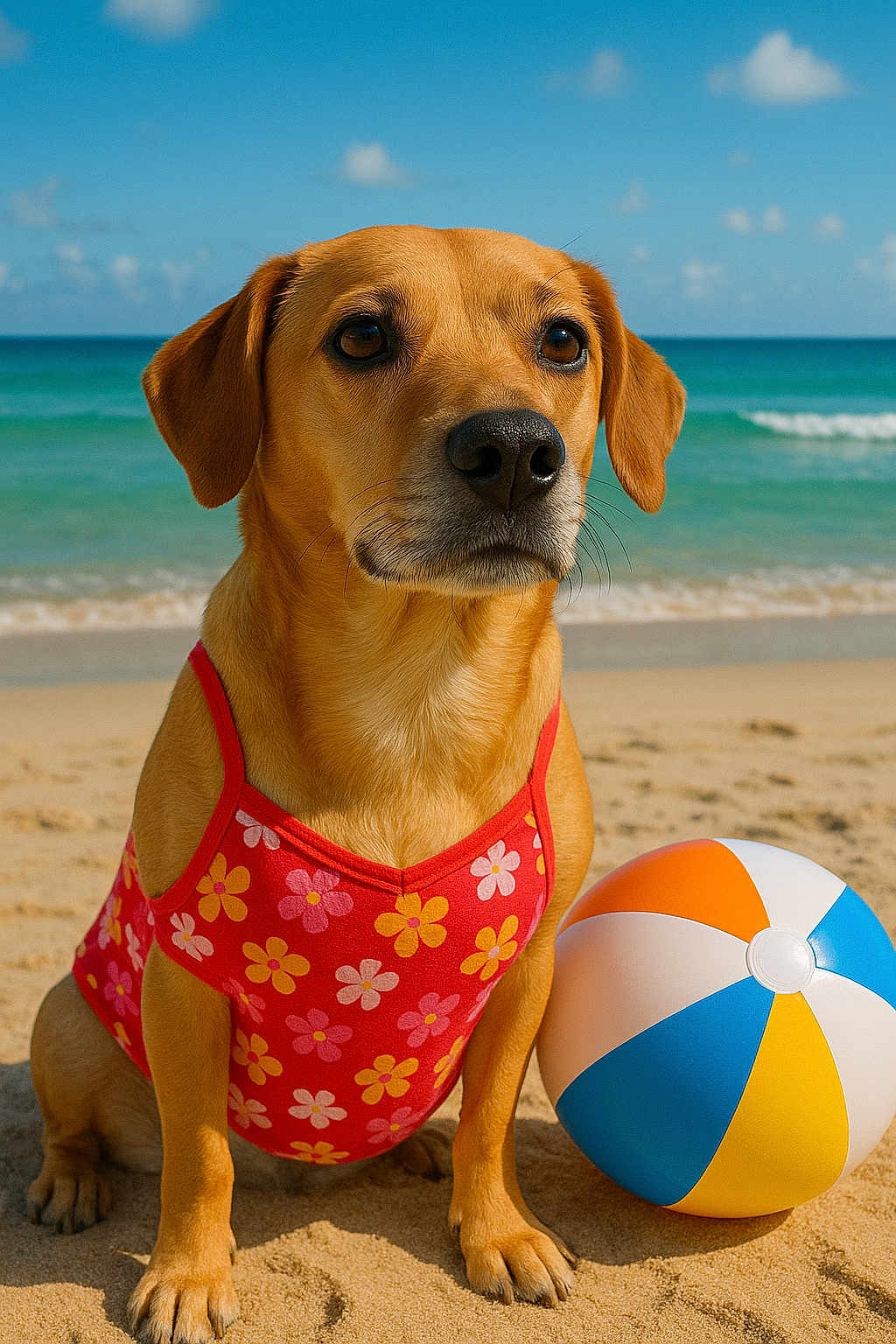 Bailey joined the competition — help win amazing prizes! animal, beach, beach_ball, canine, clouds, dog, holiday, nature, ocean, outdoor, pet, playful, portrait, sand, sky, summer, sunny, swimsuit, vacation, water