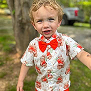 Jaxon joined the competition — help win amazing prizes! child, boy, outdoor, shirt, bow_tie, shorts, blonde_hair, smiling, face, nature, tree, grass, vehicle, summer_clothing, cute, portrait, happy, casual, standing, daylight