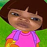 child_face, cartoon_character, face_swap, animation, digital_art, green_background, backpack, pink_shirt, orange_pants, bracelets, hybrid_image, funny, surreal, outdoor_scene, grass, trees, mixed_media, portrait, expression, digital_edit