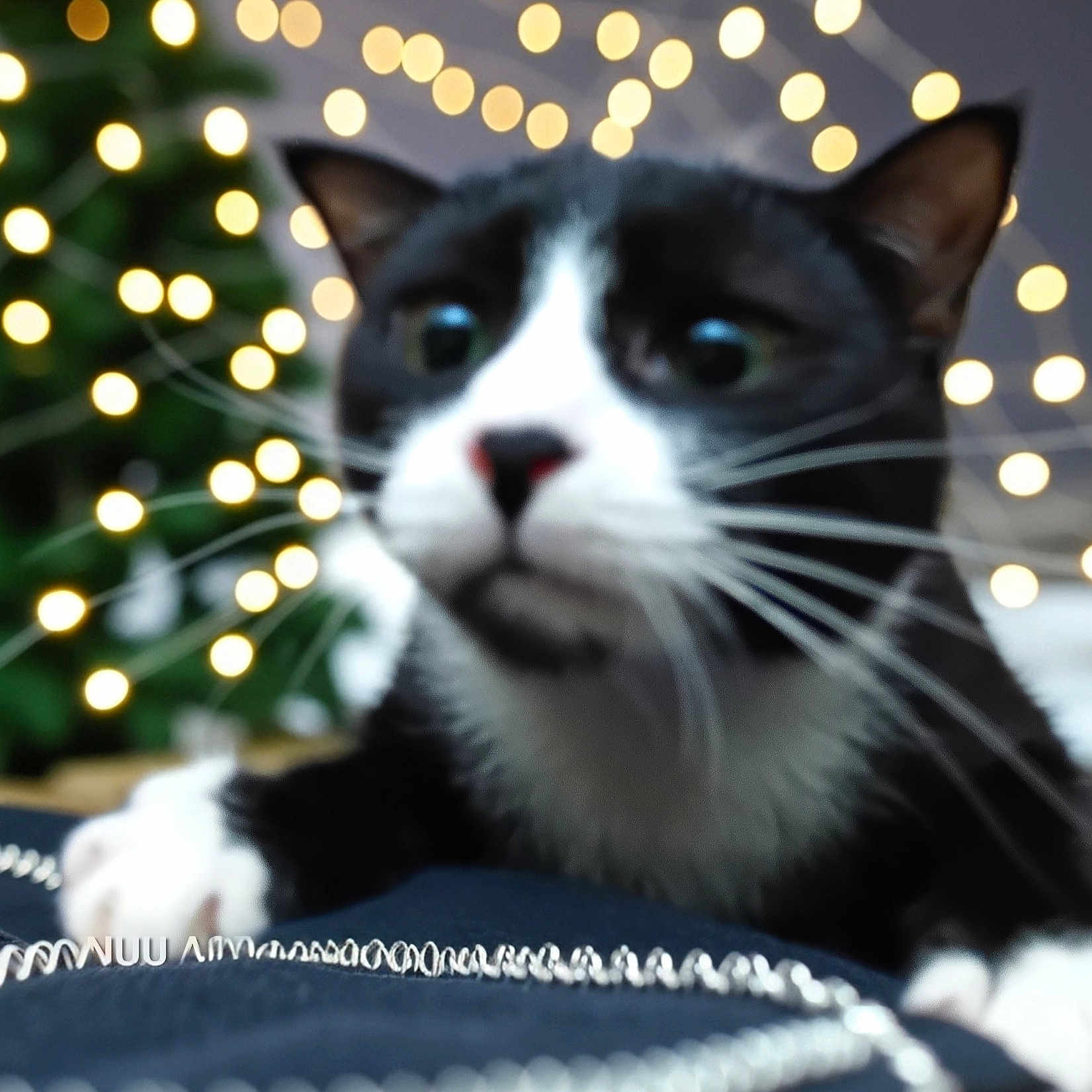 Missy Luhu joined the competition — help win amazing prizes! animal, background, black_and_white, blurred, bokeh, cat, close_up, cozy, curious, decor, feline, festive, indoor, lighting, night, paws, pet, soft_focus, string_lights, whiskers