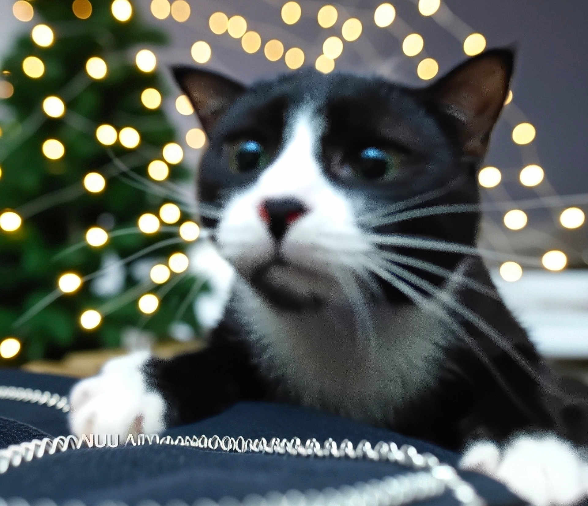 Missy Luhu joined the competition — help win amazing prizes! animal, background, black_and_white, blurred, bokeh, cat, close_up, cozy, curious, decor, feline, festive, indoor, lighting, night, paws, pet, soft_focus, string_lights, whiskers