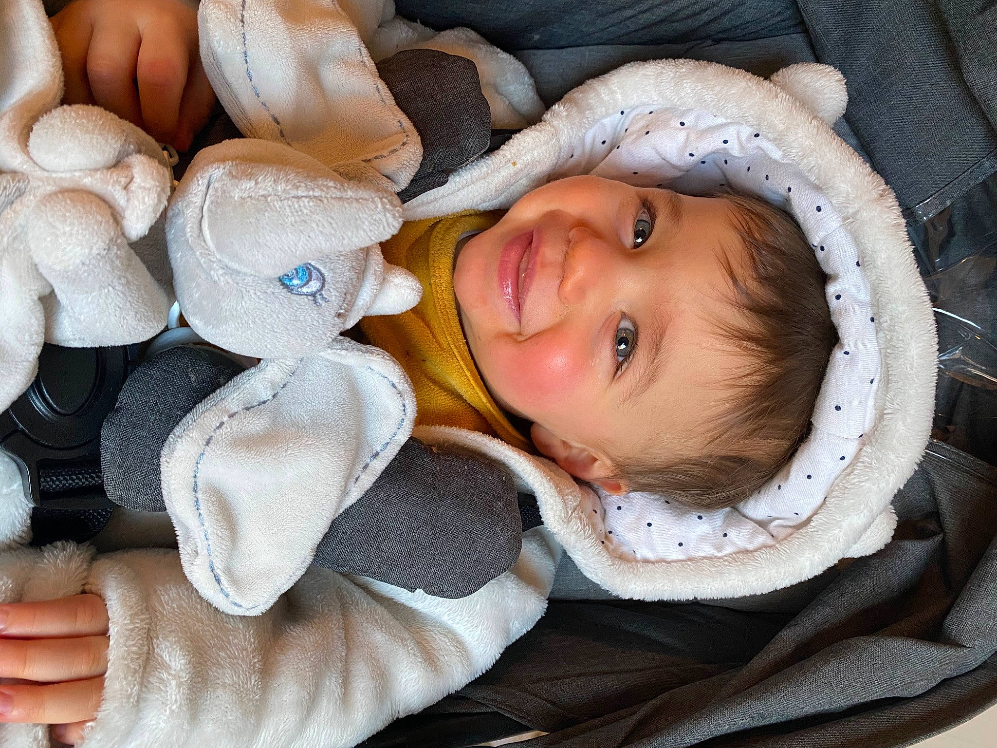 Lissandro participe au concours pour gagner de l'argent avec cette photo : baby, baby_products, baby_toddler_clothing, cheek, child, comfort, eye, face, fashion_accessory, happy, head, headgear, iris, linens, person, product, skin, smile, textile, toddler