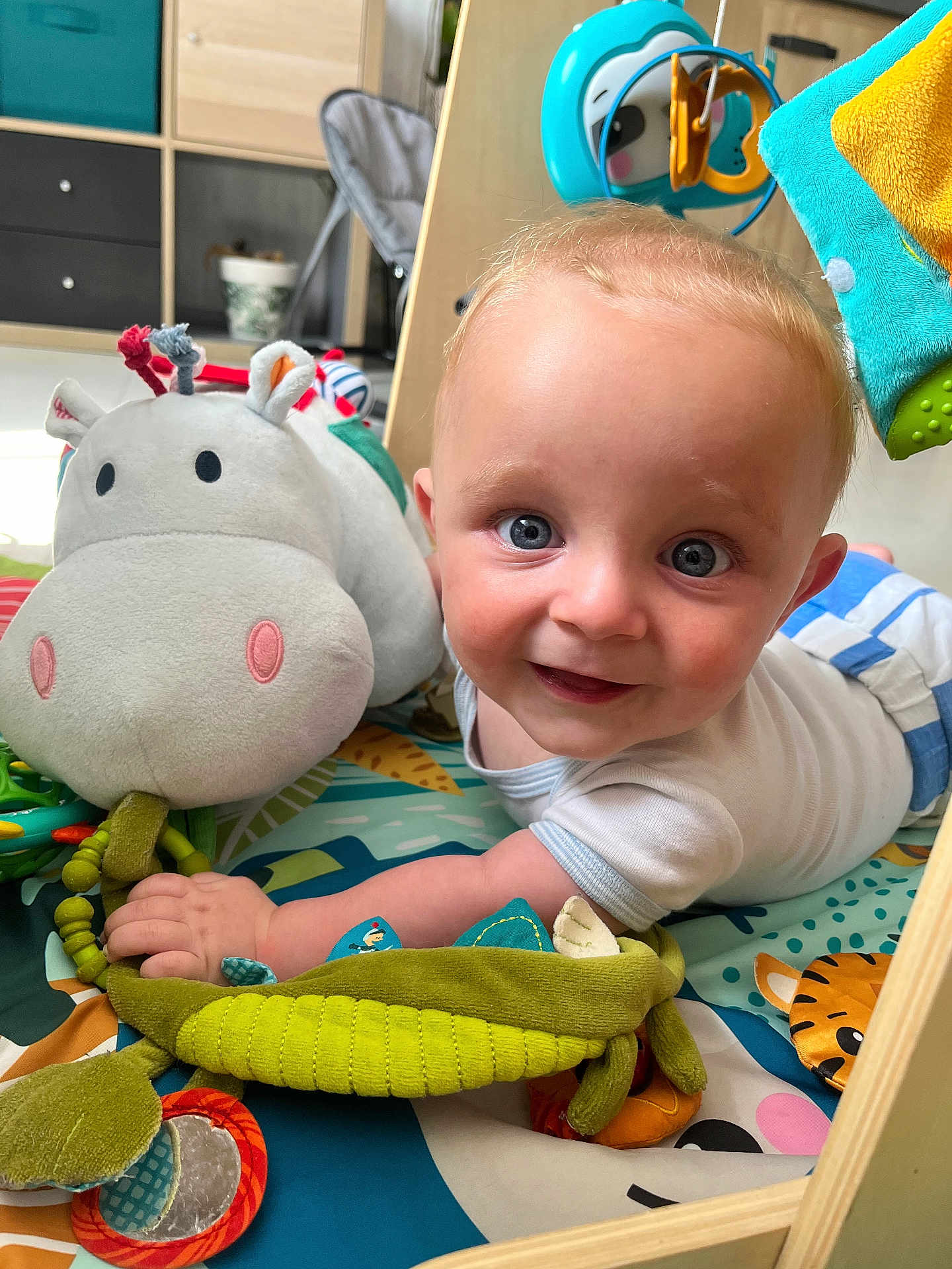 Clément participe au concours pour gagner de l'argent avec cette photo : baby, child, playmat, plush_toy, hippopotamus_toy, green_toy, smiling, blue_eyes, white_shirt, indoor, floor_play, wooden_frame, colorful, cute, soft_toys, infant, happy, closeup, person, crawling
