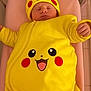 baby, newborn, pikachu, yellow, onesie, sleeping, crib, pink, soft, costume, cute, child, infant, face, headwear, clothing, indoor, resting, adorable, person