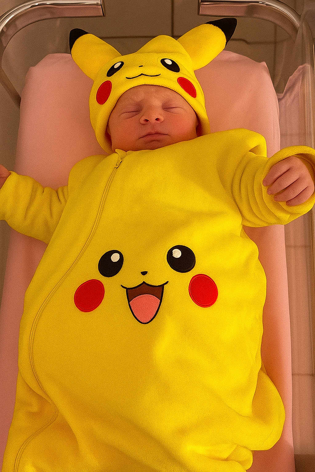 Mattéo participe au concours pour gagner de l'argent avec cette photo : baby, newborn, pikachu, yellow, onesie, sleeping, crib, pink, soft, costume, cute, child, infant, face, headwear, clothing, indoor, resting, adorable, person