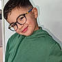 child, boy, glasses, green_hoodie, smile, portrait, indoor, short_hair, face, cute, fashion, casual, person, eyewear, happy, young, kid, skin, head, standing