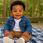 Lakendrick is registered to the contest to win money with this photo: baby, smiling, denim_jacket, white_shirt, khaki_pants, blue_blanket, outdoor, wooden_fence, greenery, happy, cute, sitting, child, portrait, casual_clothing, feet, shoes, curly_hair, infant, daylight