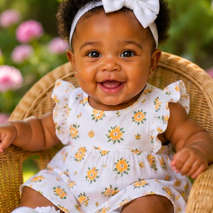 Lakenya joined the competition — help win amazing prizes! baby, child, smiling, happy, wicker_chair, headband, bow, floral_dress, sitting, outdoor, garden, flower, cute, portrait, infant, white_socks, sunlight, skin, eyes, hands