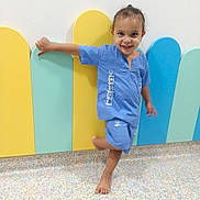 Jilyan a rejoint le concours — aidez-le/la à gagner de superbes lots ! child, smiling, barefoot, blue_clothing, scrubs, colorful_background, pastel_colors, playful, happy, indoor, wall, floor, person, cute, young, posing, joyful, small_child, casual, fun