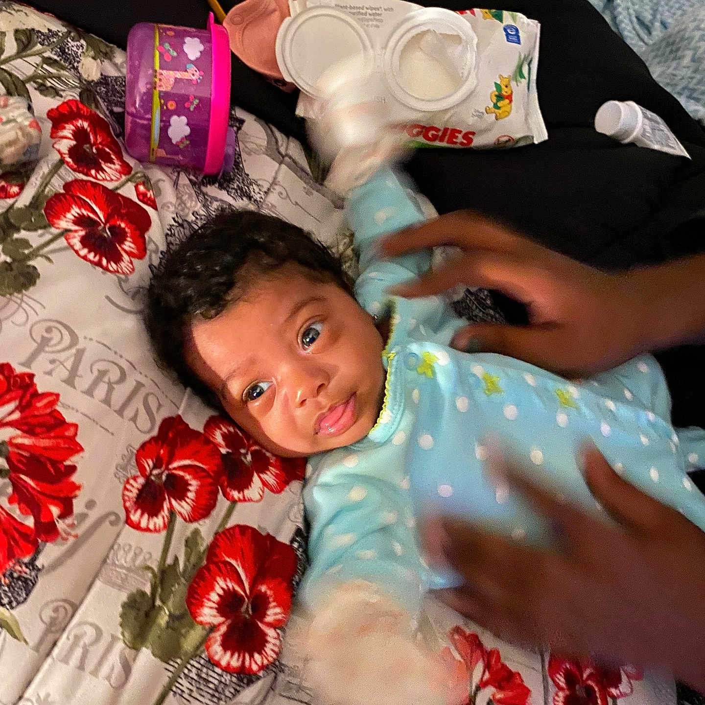 Promise is registered to the contest to win money with this photo: baby, bed, bedroom, blanket, bodypart, cushion, face, finger, furniture, happy, head, homedecor, indoors, people, person, photography, portrait, room, smile, tape