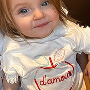 Alba participe au concours pour gagner de l'argent avec cette photo : apple_design, blue_eyes, brick_wall, casual_clothing, child, closeup, cute, embroidery, face, hand, happy, indoor, light_hair, person, portrait, sitting, smile, toddler, white_shirt, young_child