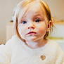 Alba participe au concours pour gagner de l'argent avec cette photo : baby, blonde_hair, blue_eyes, child, close_up, curious, cute, expression, face, heart_detail, indoor, innocent, person, portrait, soft_lighting, sweater, toddler, white_clothing, young, young_child