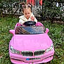 child, toddler, toy_car, pink_car, outdoor, grass, greenery, fence, pigtails, bows, cute, playing, happy, person, young_child, steering_wheel, sweater, nature, daylight, portrait