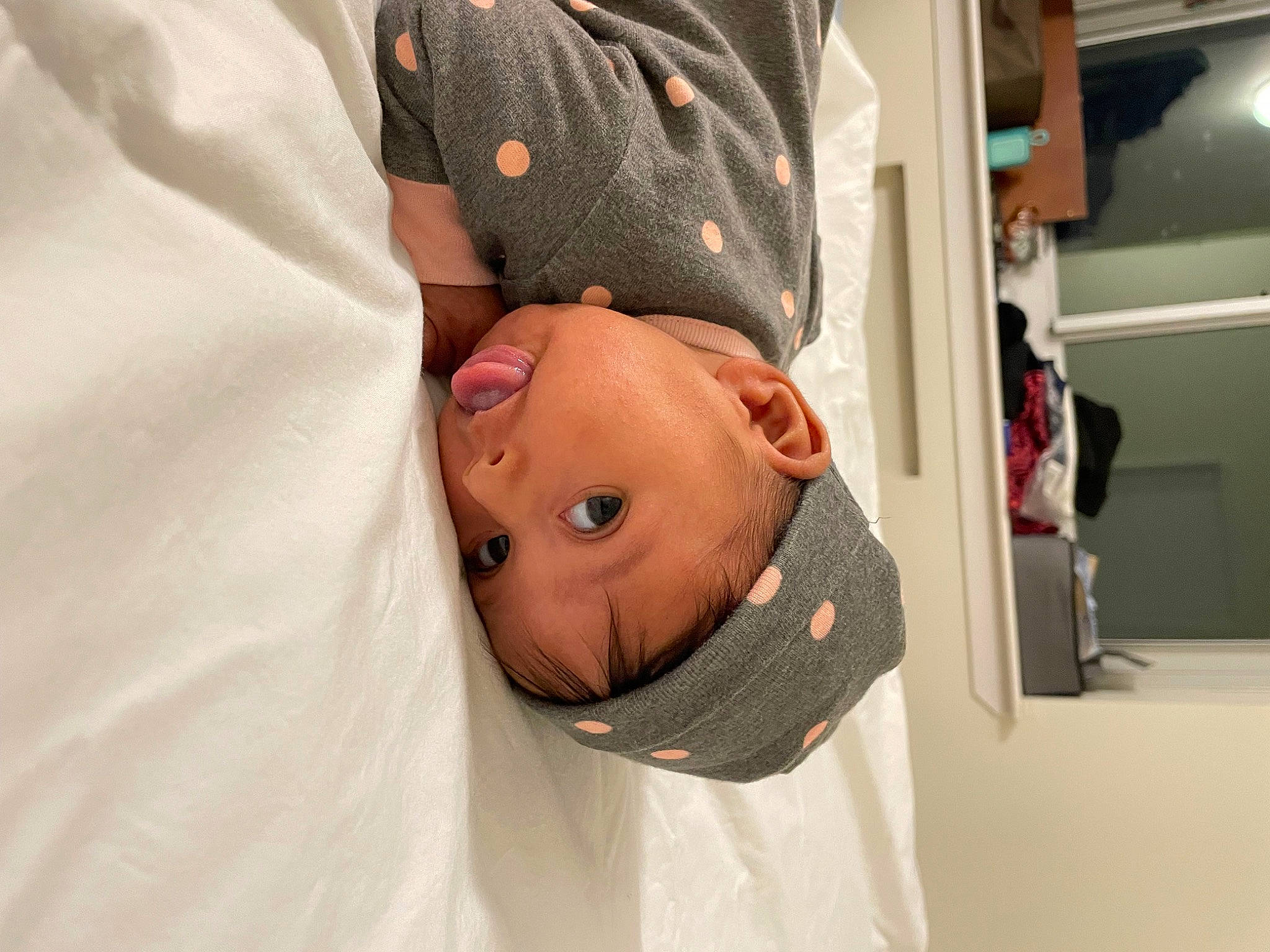 Aida joined the competition — help win amazing prizes! abdomen, baby, baby_products, baby_toddler_clothing, chest, child, comfort, elbow, eye, hat, headwear, linens, mouth, neck, person, room, skin, sleeve, surprise, t_shirt