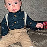adorable, baby, button_up_shirt, carpet, child, couch, fashion, flash_photography, furniture, home, indoors, infant, portrait, rug, serious_expression, sitting, suspenders, tan_pants, white_socks, wide_eyed