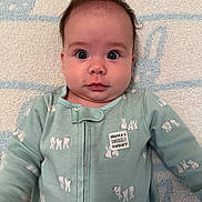 Nora joined the competition — help win amazing prizes! baby, infant, face, eyes, hair, expression, clothing, onesie, bunny_pattern, blanket, soft_texture, lying_down, cute, child, portrait, indoors, snuggle, mint_green, person, young