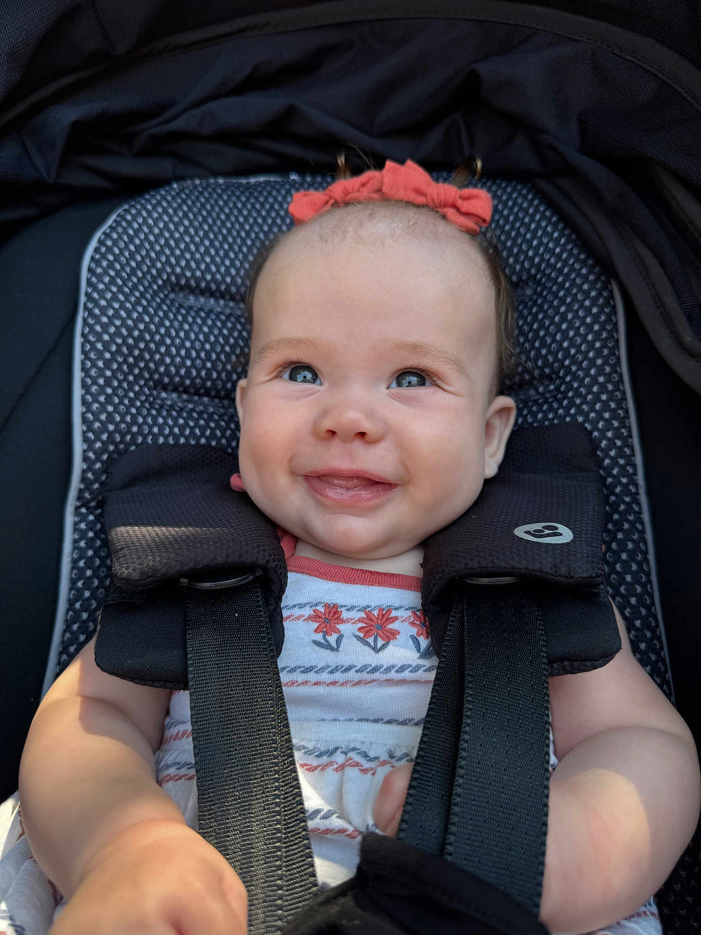 Nora joined the competition — help win amazing prizes! baby, smiling, car_seat, child, red_bow, face, straps, clothing, cute, portrait, happy, infant, seatbelt, closeup, skin, person, young_child, baby_girl, sunlight, sitting