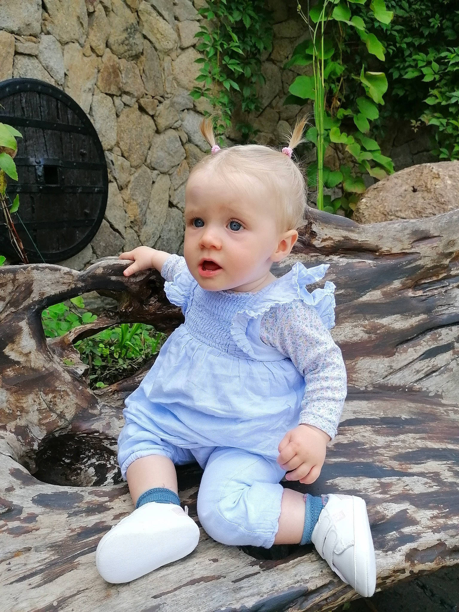 Djeina-rose a rejoint le concours — aidez-le/la à gagner de superbes lots ! baby, baby_toddler_clothing, child, dress, fun, garden, grass, green, happy, leaf, leg, leisure, people_in_nature, person, plant, sitting, soil, spring, surprise, toddler