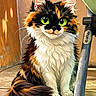 adorable, big_eyes, calico_cat, cat, chair_leg, curled_tail, cute, digital_art, fluffy_fur, green_eyes, illustration, indoor, long_fur, metal_frame, portrait, shadow, sitting, tile_floor, wall, whiskers