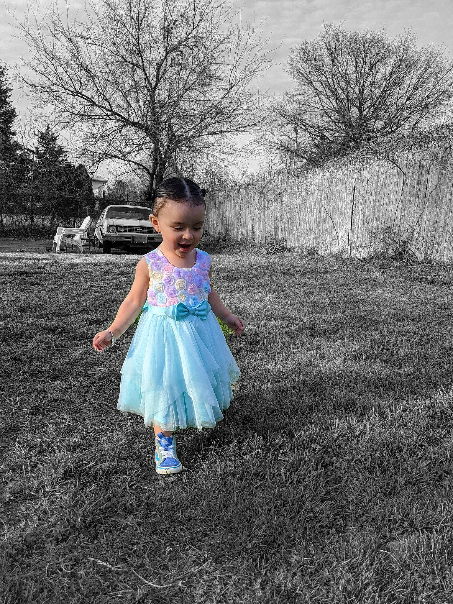 Leilah joined the competition — help win amazing prizes! blue, child, dress, grass, people_in_nature, person, photograph, photography, plant, play, spring, standing, toddler, tree, walking