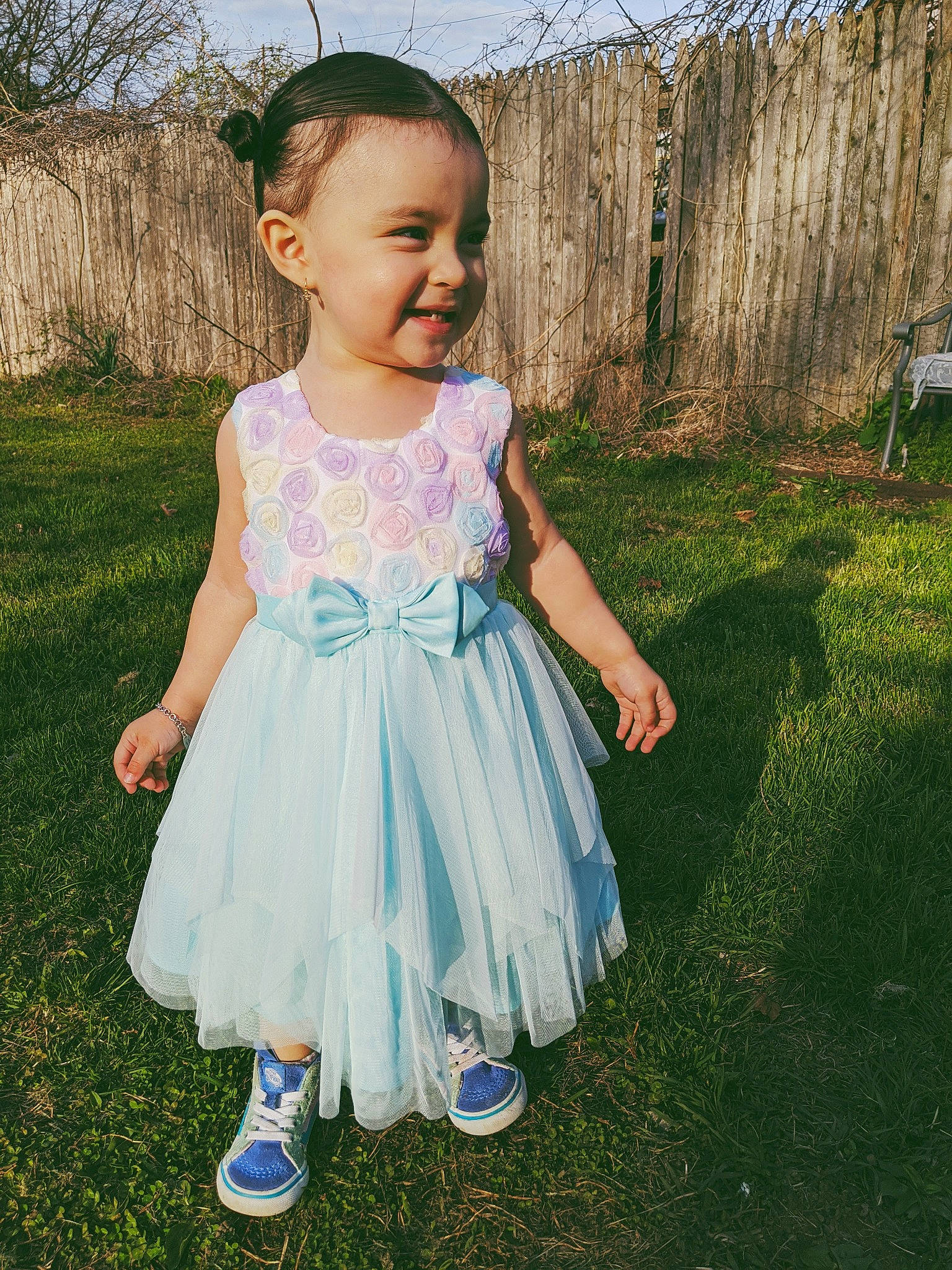 Leilah joined the competition — help win amazing prizes! baby_toddler_clothing, bridal_party_dress, child, child_model, clothing, day_dress, dress, grass, pattern, person, plant, toddler