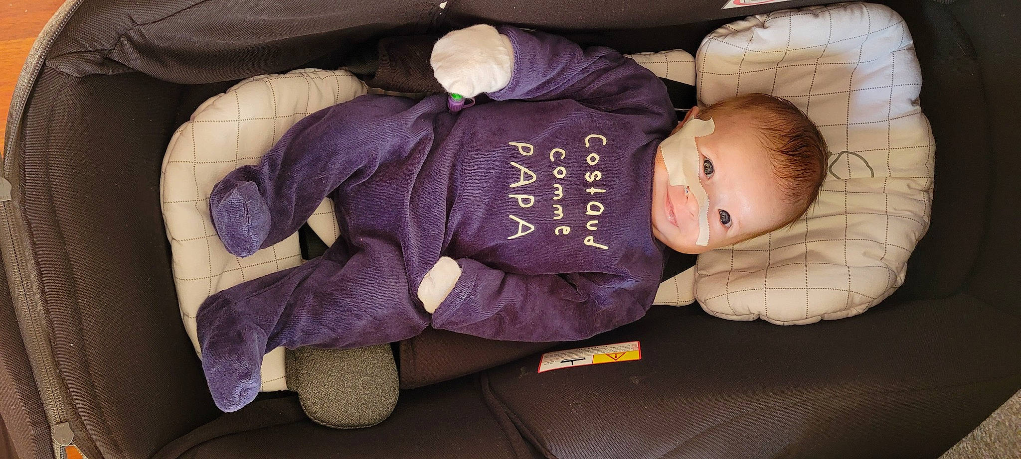 Lisandro participe au concours pour gagner de l'argent avec cette photo : baby, baby_carriage, baby_products, baby_toddler_clothing, car_seat, child, comfort, fashion_accessory, happy, lap, magenta, mammal, person, product, purple, sleeve, smile, toddler, toy, vertebrate