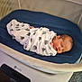 Raphael is registered to the contest to win money with this photo: newborn, baby, sleeping, swaddle, elephant_prints, bassinet, mesh, cushion, blue, white, infant, resting, peaceful, indoor, soft_lighting, cute, child, portrait, bed, lying_down