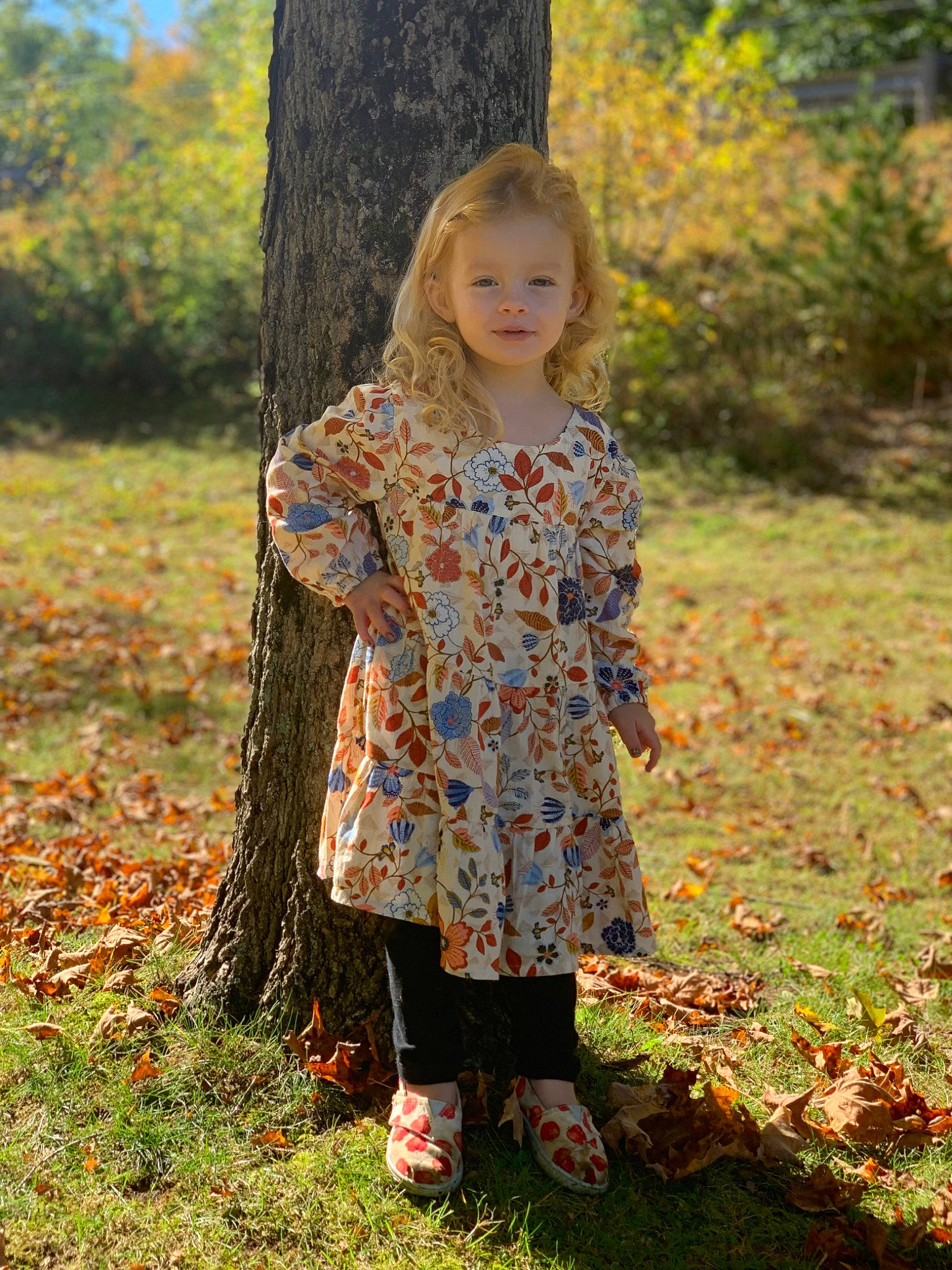 Chandler is registered to the contest to win money with this photo: branch, day_dress, deciduous, fawn, forest, fruit, grass, happy, leaf, orange, pattern, people_in_nature, person, plant, sleeve, street_fashion, tree, trunk, wood, woodland