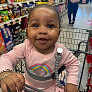 Noelani joined the competition — help win amazing prizes! toddler, child, shopping_cart, smiling, pink_clothing, rainbow, bracelet, grocery_store, aisle, person, happy, cute, baby, face, portrait, indoor, retail, clothing, hand, accessory