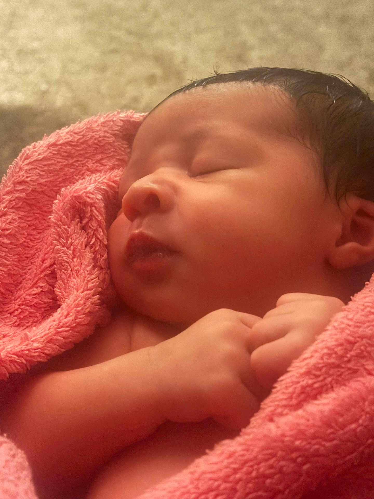 Azariyah is registered to the contest to win money with this photo: newborn, baby, sleeping, pink_towel, soft_texture, infant, cute, peaceful, wrapped, closeup, skin, hands, face, portrait, indoors, resting, child, adorable, young, blanket