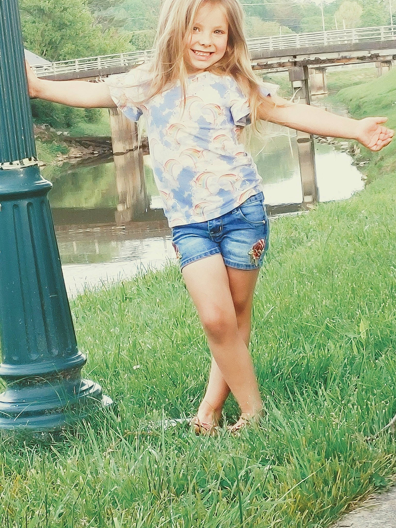 Braylee is registered to the contest to win money with this photo: denim, fun, grass, grass_family, happy, human_body, human_leg, jean_short, joy, leisure, long_hair, people_in_nature, person, plant, recreation, shorts, shoulder, standing, summer, t_shirt