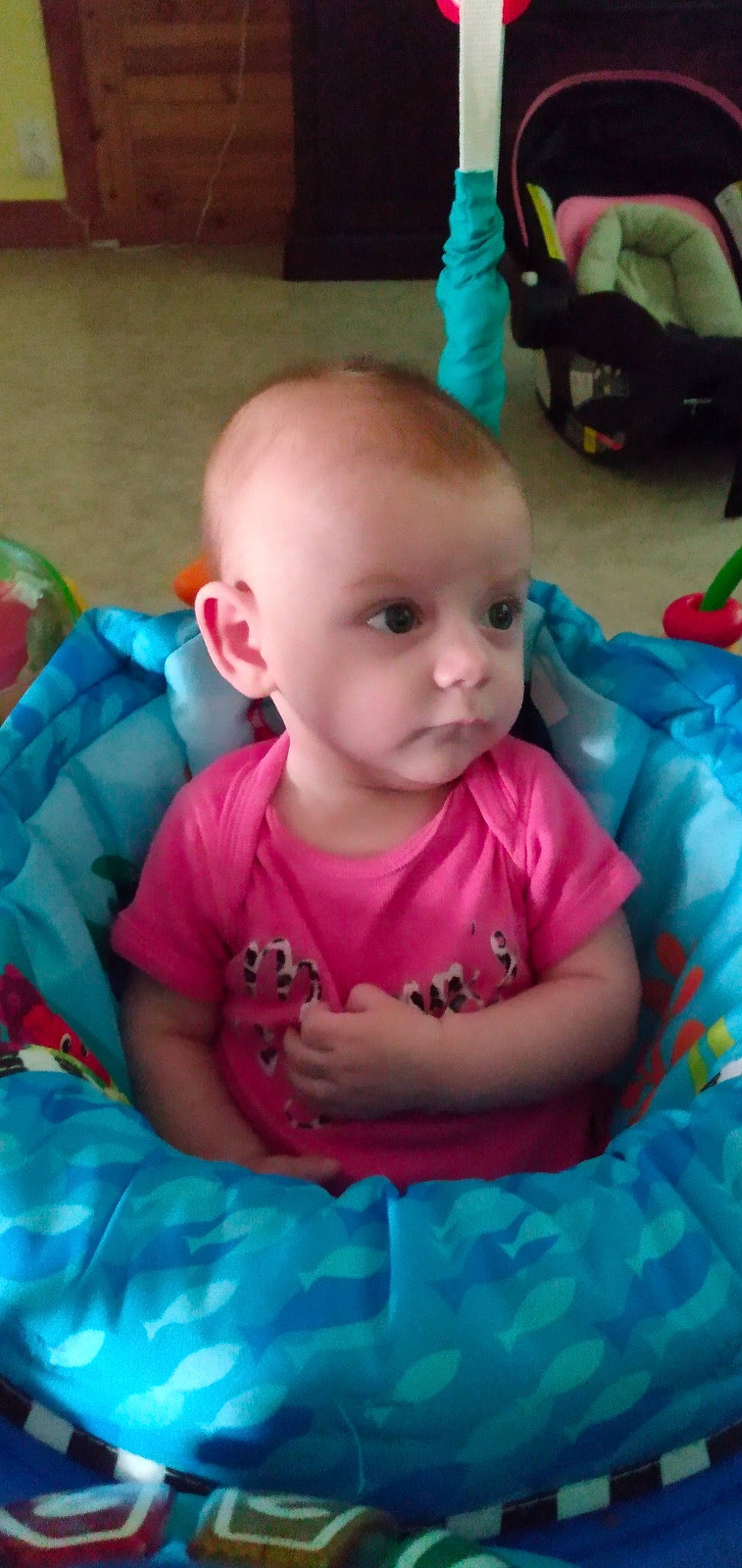 Willow is registered to the contest to win money with this photo: baby, baby_toddler_clothing, cheek, facial_expression, finger, fun, happy, iris, leisure, magenta, mouth, person, pink, product, purple, skin, smile, snapshot, summer, t_shirt