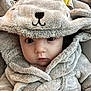 baby, child, infant, face, eyes, hood, clothing, plush, soft, cute, portrait, apparel, warm, expression, young, indoors, fabric, bundle, closeup, adorable